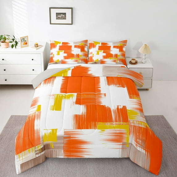 Manfei Geometric Artwork Bedding Comforter Set,Modern Graffiti Twin Comforter Sets,Gradient Orange Yellow White Bedding Set For Child,Microfiber Bedroom Decor Reversible,2-Piece