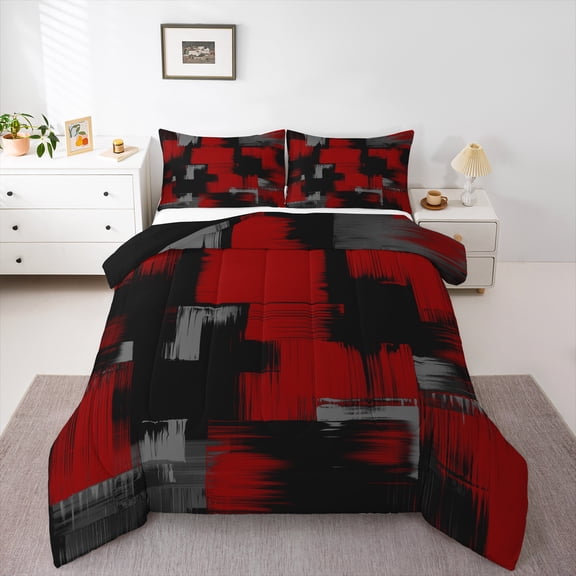 Manfei Geometric Artwork Bedding Comforter Set,Modern Graffiti Twin Comforter Sets,Gradient Red Black Bedding Set For Child,Microfiber Bedroom Decor Reversible,2pcs