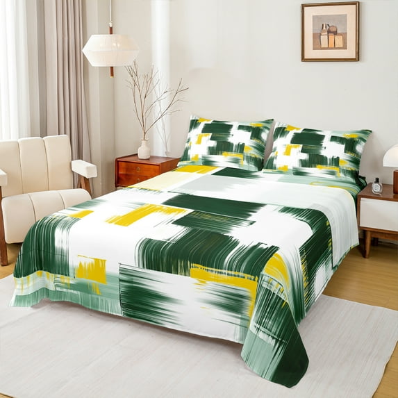 Manfei Geometric Artwork Full Size Sheets,Modern Graffiti Bed Sheets,Gradient Green Yellow White Sheet Sets For Child,Microfiber Bedroom Decor,4pcs