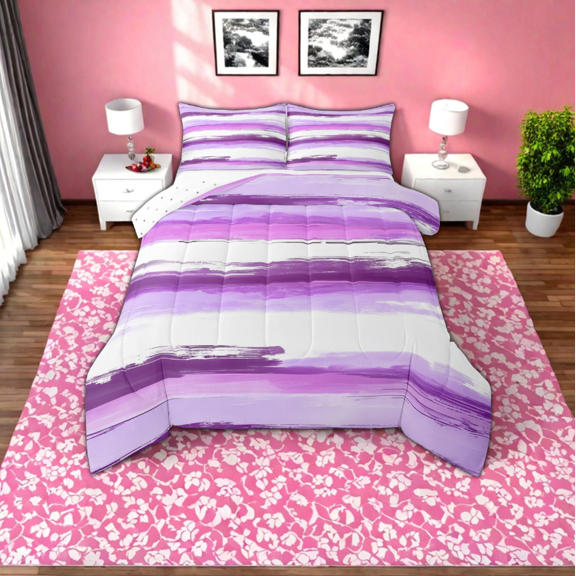 Manfei Geometric Artwork Queen Comforter Set,Modern Graffiti Stripes Bedding Sets,White Purple Bedding Comforter Set For Child,Microfiber Bedroom Decor Reversible,3 Pieces