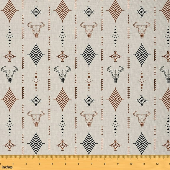 Manfei Geometric Aztec Sewing & Crafting Fabric (1 Yard), Exotic Tribal Pattern Home Decor Fabric by the Yard, Retro Cattle Skeleton Fabric by the Yard, Stylish Living Room Decoration