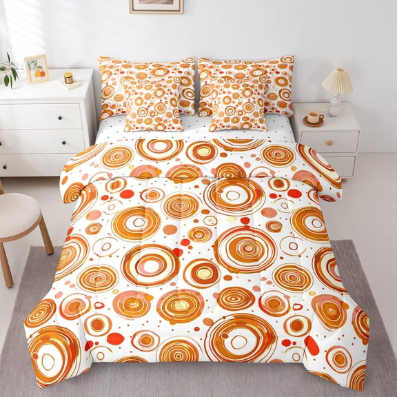 Manfei Geometric Circular 7-Piece Bedding Comforter Set,Abstract Geometric Circle King Bedding Sets,Orange White Bed Sheets For Children,Breathable Home Decor Reversible