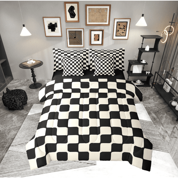 Manfei Geometric Grid Bedding Twin Size,Minimalism Aesthetic Comforter Sets with Sheets,Black Beige Lightweight Bedroom Decoration Reversible,7pcs