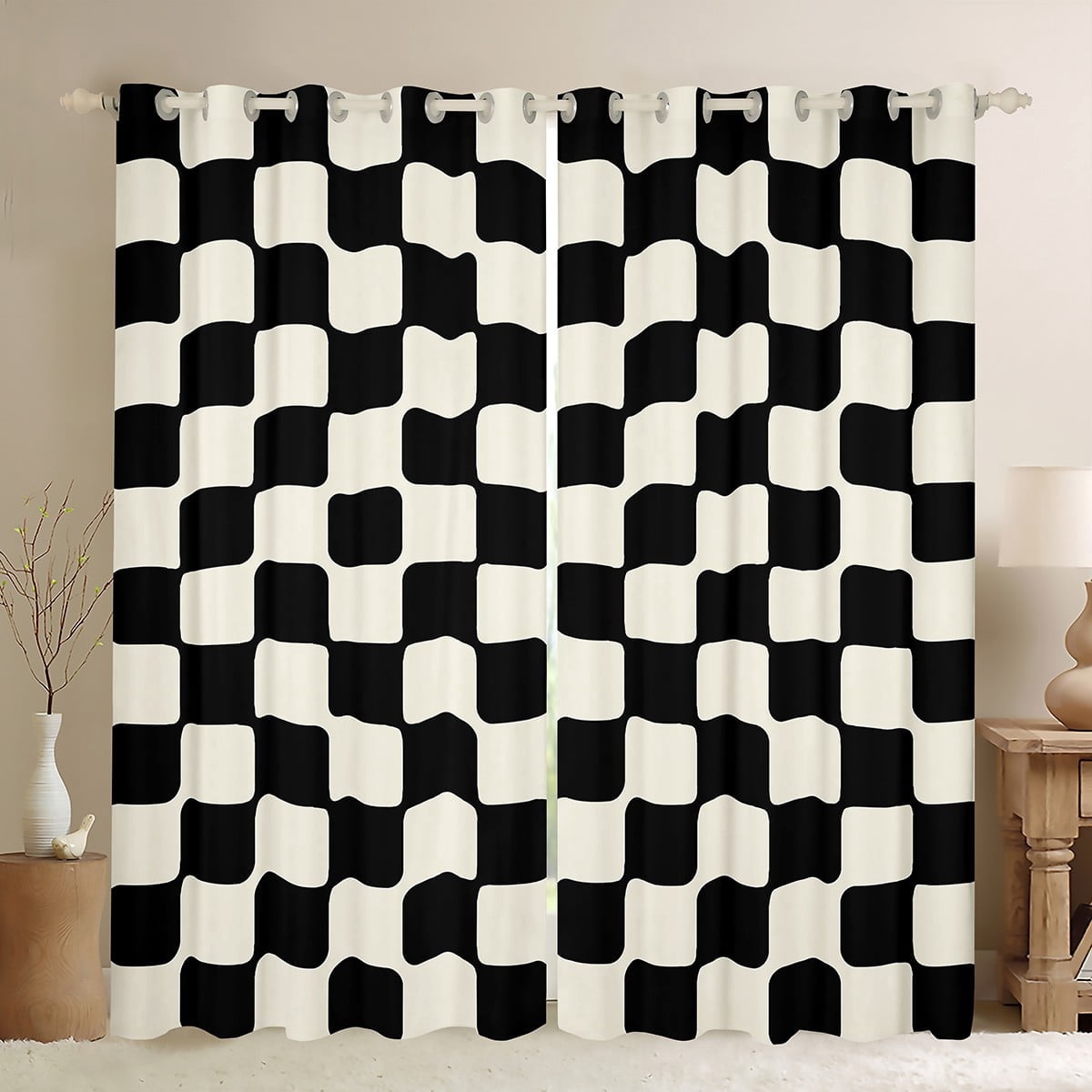 Manfei Geometric Grid Curtains Pack of 2 (38x45),Minimalism Aesthetic Black Out Curtains,Black Beige Lightweight Bedroom Decoration