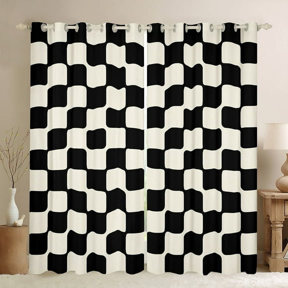 Manfei Geometric Grid Curtains and Drapes (42x63),Minimalism Aesthetic Blackout Curtains for Bedroom,Black Beige Lightweight Bedroom Decoration