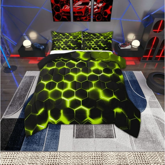 Manfei Geometric Honeycomb Full Size Comforter Sets,Modern Minimalism Geometric Bedding Comforter Set,Yellow Black Hexagon Bedding Sets For Boy Teens,Ultra Soft Home Decor Reversible,3 Pieces