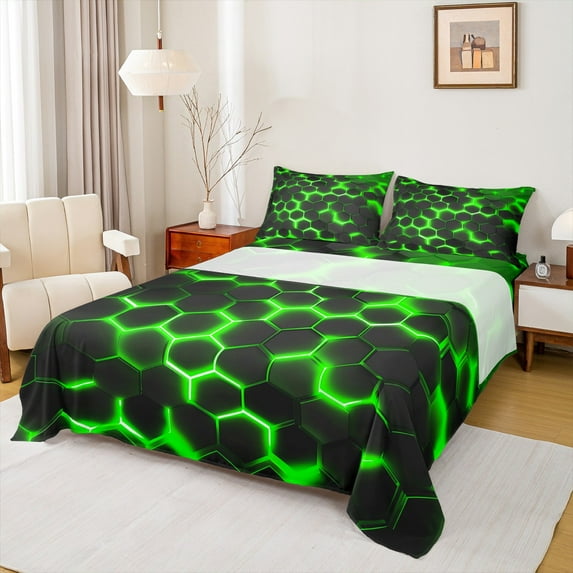 Manfei Geometric Honeycomb Full Size Sheets,Modern Minimalism Geometric Bed Sheets,Green Black Hexagon Sheet Sets For Teens,Ultra Soft Home Decor,4pcs
