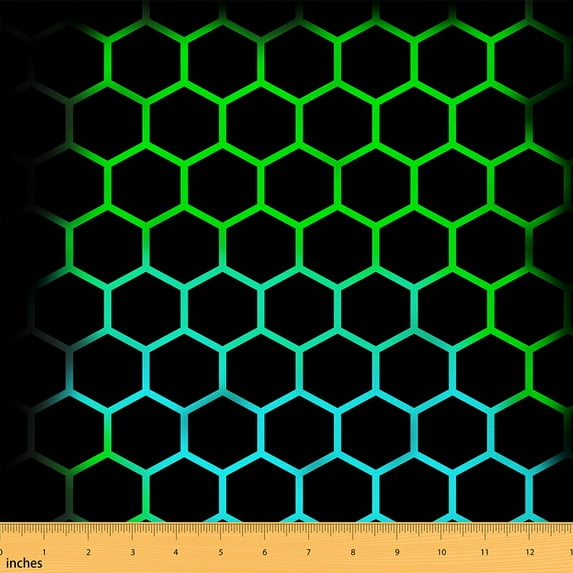 Manfei Geometric Honeycomb Sewing & Crafting Fabric (1 Yard), Green Hexagon Home Decor Fabric by the Yard, Black Teal DIY Fabric