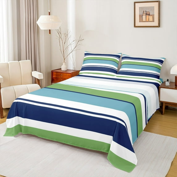 Manfei Geometric Lines Bed Sheets,Minimalism Geometric Stripes King Sheets,Green Blue White Sheet Set For Girls Boys,Super Cozy Room Decor,4-Piece