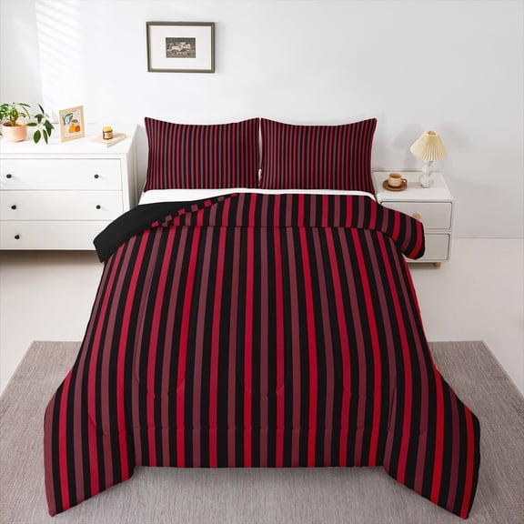 Manfei Geometric Lines Bedding Comforter Set,Red Black Striped Twin Comforter Sets,Minimalism Geometric Stripes Bedding Set For Girls Boys,Super Cozy Room Decor Reversible,2-Piece