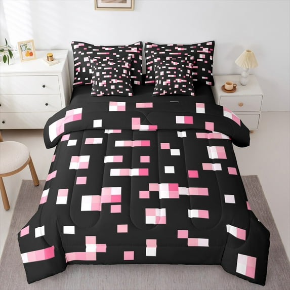 Manfei Geometric Plaid Bedding Comforter Set 7 Pieces,Modern Abstract Geometric Full Bedding Set,Pink Black Grid Fitted Sheet Flat Sheet For Girrls,Super Cozy Bedroom Decorative,Reversible