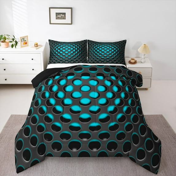 Manfei Geometry Stereoscopic Full Size Comforter Sets,Teal Dense Holes Bedding Comforter Set,Honeycomb Hexagon Bedding Sets,Super Cozy Bedroom Decorative Reversible,3pcs