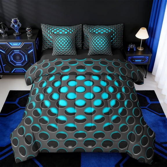Manfei Geometric Stereoscopic Twin Bedding Sets 7 Pieces,Teal Dense Holes Bedding Comforter Set 7 Pieces,Honeycomb Hexagon Sheet Sets,Super Cozy Bedroom Decorative Reversible