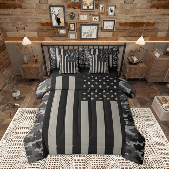 Manfei Geometric Striped Lines 7-Piece Bedding Comforter Set,Army Camo King Bedding Sets,Black Gray Bed Sheets For Kids,Breathable Home Decor Reversible