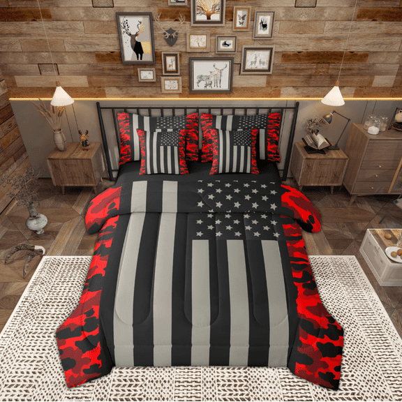 Manfei Geometric Striped Lines 7pcs Bedding Comforter Set,Army Camo Queen Bedding Sets,Red Black Gray Queen Sheet Sets For Kids,Breathable Home Decor Reversible