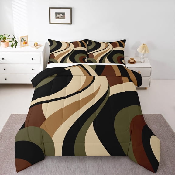 Manfei Geometric Stripes Lines Queen Comforter Set,Minimalism Geometric Art Bedding Sets,Beige Black Red Bedding Comforter Set For Boys Teens,Ultra Soft Room Decorative Reversible,3-Piece
