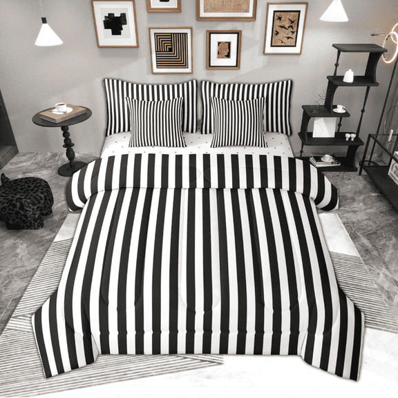 Manfei Geometric Vertical Stripe Bedding Comforter Set 7 Pieces, Boys White Black Queen Bedding Sets, Minimalist Simple Art Queen Sheet Sets, Super Cozy Room Decor