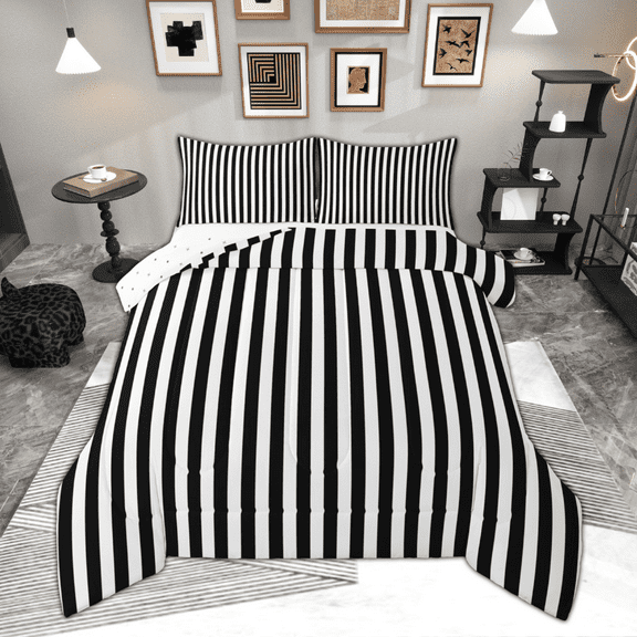 Manfei Geometric Vertical Stripe Bedding Comforter Set, Boys White Black Twin Comforter Sets, Minimalist Simple Art Bedding Set, Super Cozy Room Decor Reversible 2pcs
