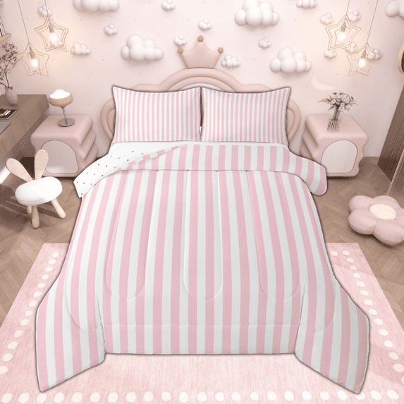 Manfei Geometric Vertical Stripe Full Size Comforter Sets, Girls White Pink Bedding Comforter Set, Minimalist Simple Art Bedding Sets, Lightweight Room Decor Reversible 3 Pieces