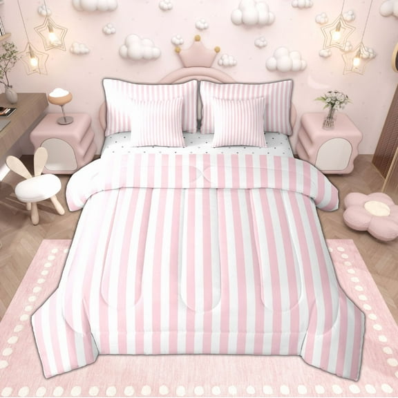 Manfei Geometric Vertical Stripe Twin Bedding Sets 7pcs, Girls White Pink Bedding Comforter Set, Minimalist Simple Art Sheet Sets, Lightweight Room Decor