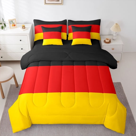 Manfei Germany Flag 7-Piece Twin Bedding,World Travel Culture Bedding Comforter Set,Black Red Yellow,Black Reversible