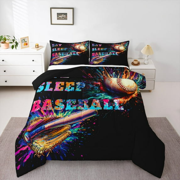 Manfei Get Sleep Baseball King Size Comforter Sets,Boys Ball Game Bedding Comforter Set,Watercolor Splatter Ink Bedding Set For Teens,Breathable Home Decor Reversible,3-Piece