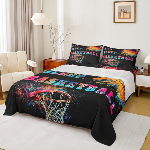 Manfei Get Sleep Basketball Bed Sheets,Multicolor Splashing Ink King Sheets,Teens Ball Games Sheet Set,Ultra Soft Home Decor,4pcs