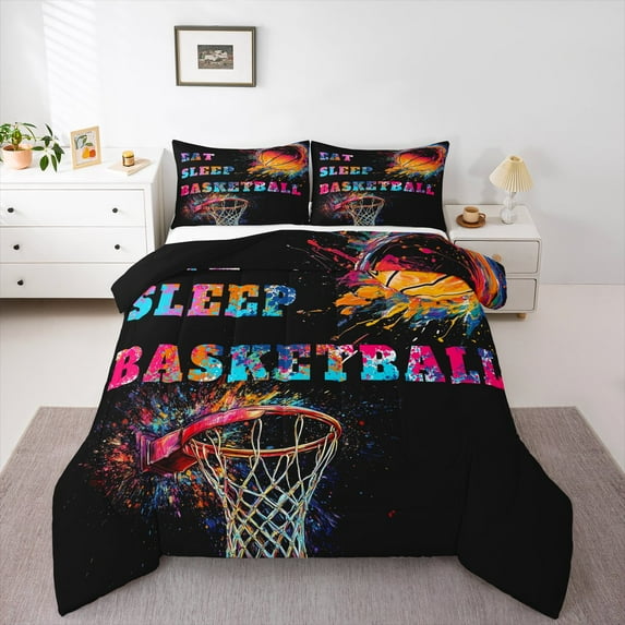 Manfei Get Sleep Basketball Queen Comforter Set,Multicolor Splashing Ink Bedding Sets,Teens Ball Games Bedding Comforter Set,Ultra Soft Home Decor Reversible,3 Pieces