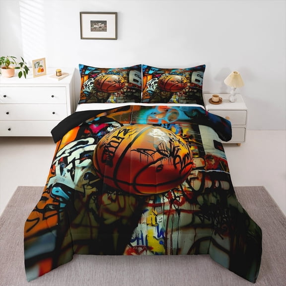 Manfei Ggraffiti Hippie Basketball Bedding Comforter Set,Multicolor Splashing Ink Twin Comforter Sets,Teens Ball Games Bedding Set,Ultra Soft Home Decor Reversible,2 Pieces