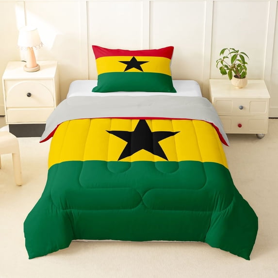 Manfei Ghana Flag Twin Comforter Sets,Red Yellow Green Bedding Set,Light Gray Reversible,2-Piece,1 Comforter and 1 Pillowcase