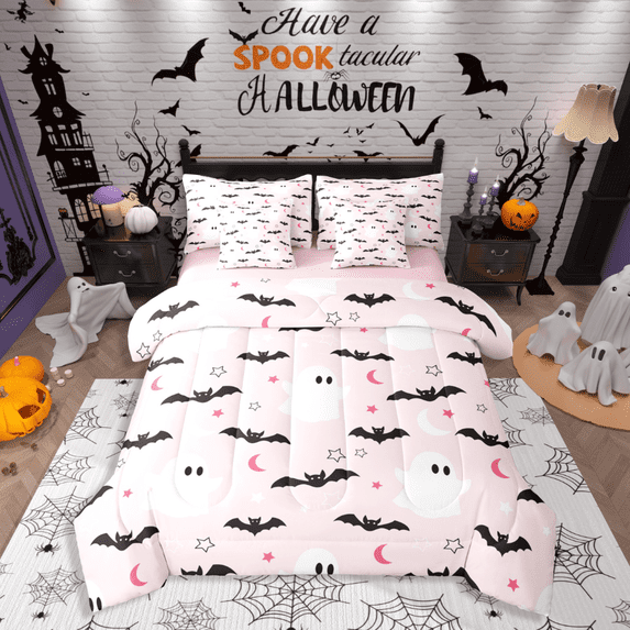 Manfei Ghost Bat 7pcs Bedding Comforter Set,Happy Halloween Queen Bedding Sets Super Cozy,Stars Print Queen Sheet Sets,Lightweight Festival Room Decor,Reversible