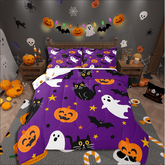 Manfei Ghost Pumpkin Bedding Sets Full with Comforter,Spooky Animal Duvet Insert,Black Cat Comforter Sets Full Size,Super Cozy Halloween Bedroom Decorative,Reversible,3pcs