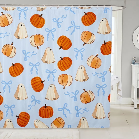 Manfei Ghost With Bow Halloween Shower Curtain 72Wx84L,Thanksgiving Pumpkin Print Bathroom Shower Curtain