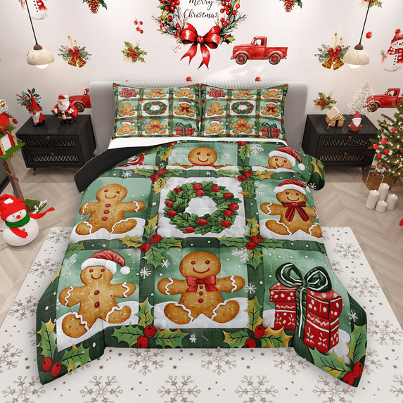 Manfei Gingerbread Checkered Queen Comforter Set 3 Pieces, Merry Christmas Bedding Sets, Green Brown Xmas Gift Bedding Comforter Set, Lightweight Room Decor