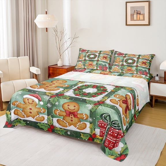 Manfei Gingerbread Checkered Twin Sheet Sets 3pcs, Merry Christmas Twin Fitted Sheet, Green Brown Xmas Gift Flat Sheet, Lightweight Room Decor