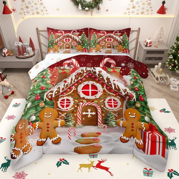 Manfei Gingerbread House Man Queen Comforter Set,Merry Christmas Bedding Sets,Sweet Candy Cnae Bedding Comforter Set For Girls Boys,Super Cozy Room Decor Reversible,3pcs