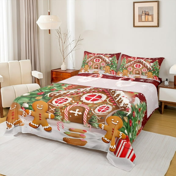 Manfei Gingerbread House Man Twin Sheet Sets,Merry Christmas Twin Fitted Sheet,Sweet Candy Cnae Flat Sheet For Girls Boys,Super Cozy Room Decor,3-Piece