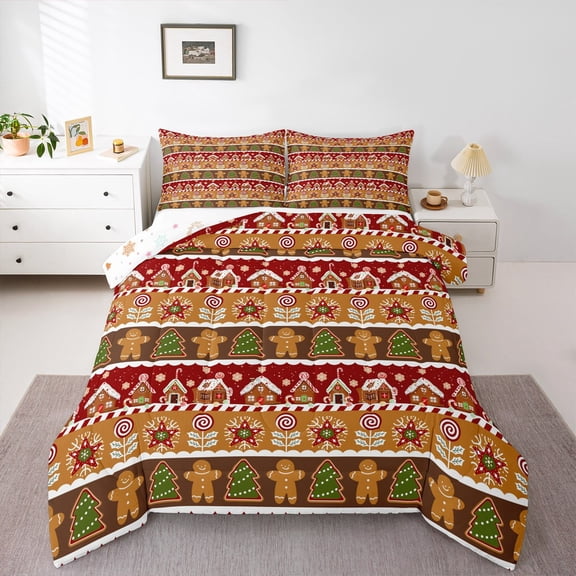 Manfei Gingerbread Man 3 Pieces Queen Comforter Set,Merry Christmas Ultra Soft Bedding Sets,Festival Theme Bedding Comforter Set,Breathable Xmas Home Decor,Reversible