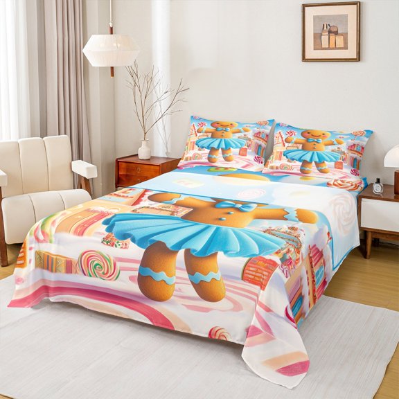 Manfei Gingerbread Man Bed Sheets for Kid, Christmas Candy Dessert King Sheets, Kawaii Cartoon Sheet Set, Breathable Home Decor, 4pcs