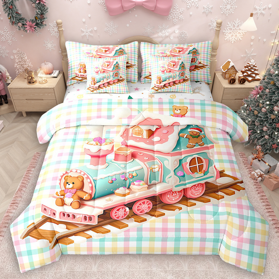 Manfei Gingerbread Train Twin Bedding Sets 7pcs for Kids, Merry Christmas Bedding Comforter Set, Colorful Checkered Sheet Sets, Ultra Soft Home Decor