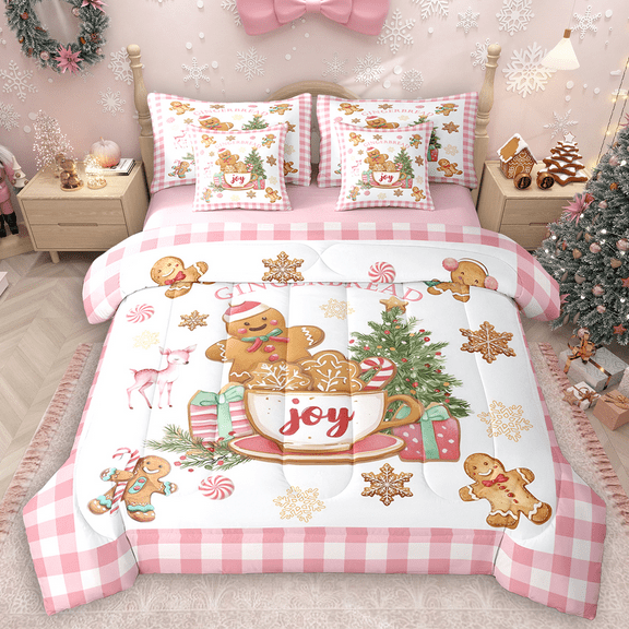 Manfei Gingerbread Twin Bedding Sets 7pcs for Kids, Green Christmas Tree Bedding Comforter Set, Girls Pink Plaid Sheet Sets, Super Cozy Room Decor