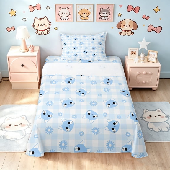 Manfei Gingham Cat Twin Sheets, Floral Kitten Bedding, Blue White, 3 Pieces, 1 Flat Sheet, 1 Fitted Sheet and 1 Pillowcase