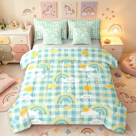 Manfei Gingham Rainbow King Bedding, Sun Rain Cloud King Bed in a Bag, Green Blue, Gray Reversible, 7-Piece