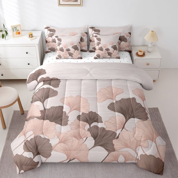 Manfei Ginkgo Leaf 7pcs Bedding Comforter Set,Autumn Fall Leaves Queen Bedding Sets,Beige Brown Queen Sheet Sets For Adults,Super Cozy Room Decor
