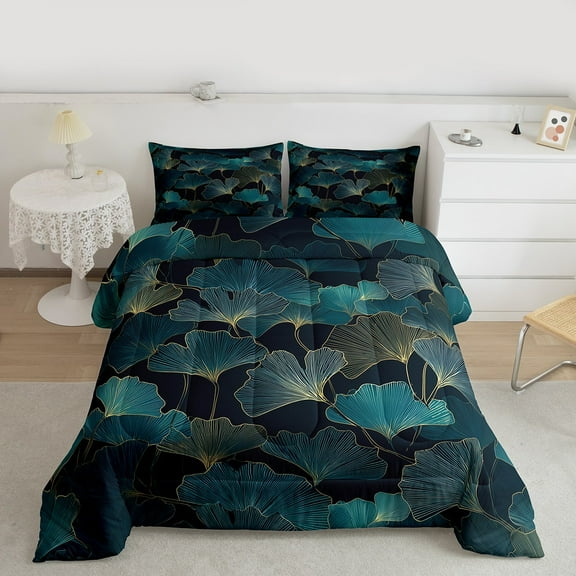 Manfei Ginkgo Leaf Bedding Comforter Set,Natural Plant Twin Comforter Sets,Cyan Black Bedding Set For Men Women,Ultra Soft Home Decor,2pcs