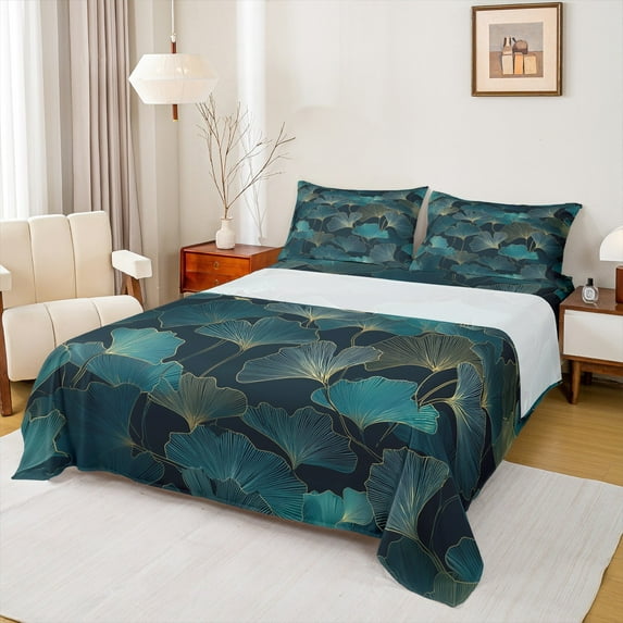 Manfei Ginkgo Leaf Twin Sheet Sets,Natural Plant Twin Fitted Sheet,Cyan Black Flat Sheet For Men Women,Ultra Soft Home Decor,3pcs