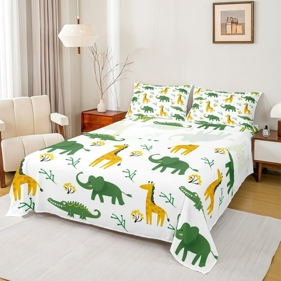 Manfei Giraffe Crocodile Elephant Full Size Sheets for Kids, Wild Animal Theme Bed Sheets, Children Cartoon Sheet Sets, Luxury Bedroom Decor 4pcs