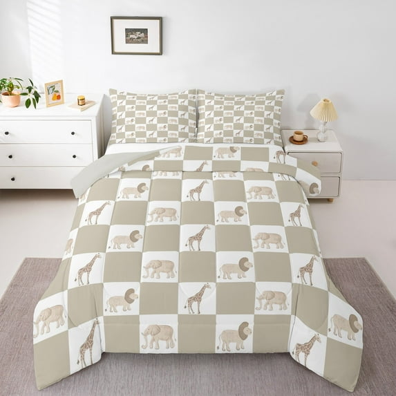 Manfei Giraffe Elephant Lions Queen Comforter Set,Minimalist Buffalo Checkered Bedding Sets,Gray White Grid Bedding Comforter Set For Teens,Luxury Bedroom Decor Reversible,3-Piece