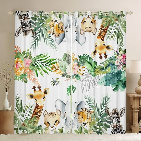 Manfei Giraffe Elephant Zebra Blackout Curtains Set of 2 (52x84 Each),Tropical Plants Window Curtains,Kawaii Animal Curtains and Drapes,Microfiber Cartoon Room Decorative