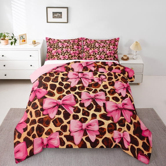 Manfei Giraffe Print Full Size Comforter Sets,Kawaii Bow Bowtie Bedding Comforter Set,Zoo Animal Bedding Sets,Lightweight Room Decoration Reversible,3 Pieces